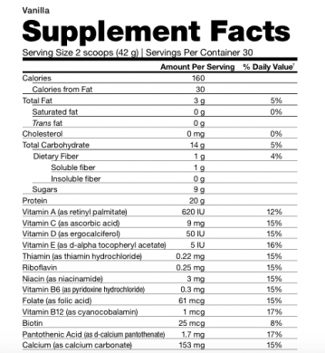 Arbonne Essentials Vanilla Protein Shake Mix nutrition label 