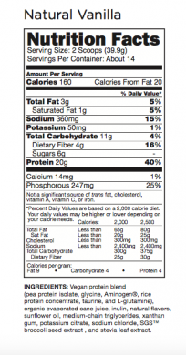 MCT Lean Vegan Protein Blend Natural Vanilla nutrition label