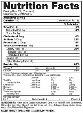 Naturade Pea Protein Chocolate nutrition label