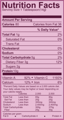 PBBliss nutrition label