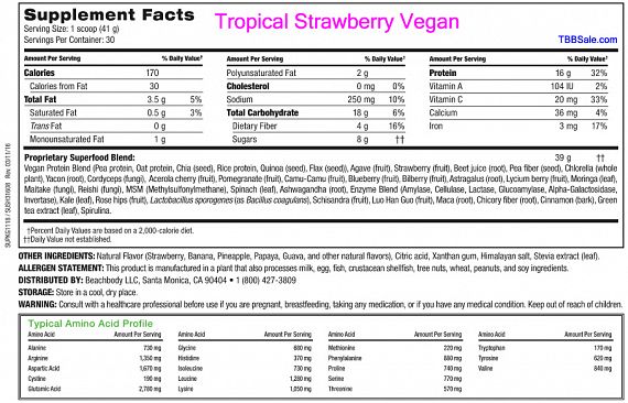 Shakeology Vegan Tropical Strawberry nutrition label