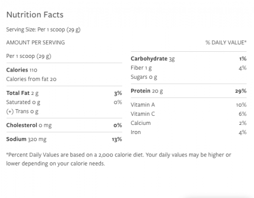 Vega Protein & Greens Vanilla nutrition label