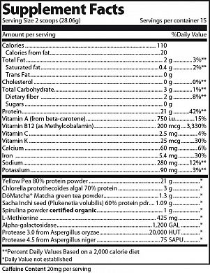 Vibrant Health Pro Matcha protein + matcha tea Natural nutrition label